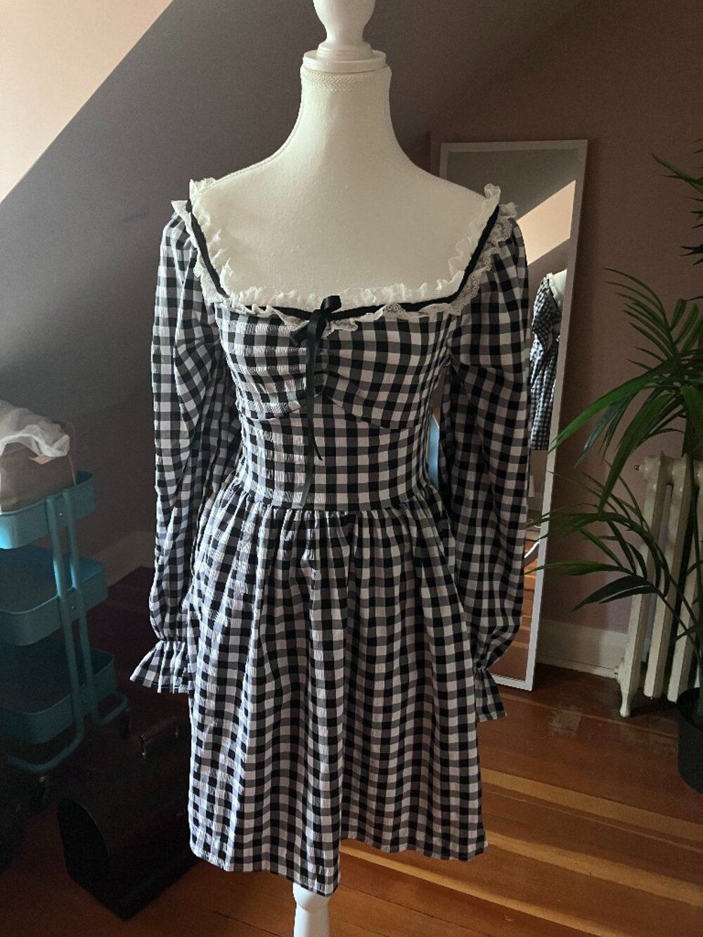 Gingham plaid puffy sleeve cottagecore long sleeve mini dress princess peasant